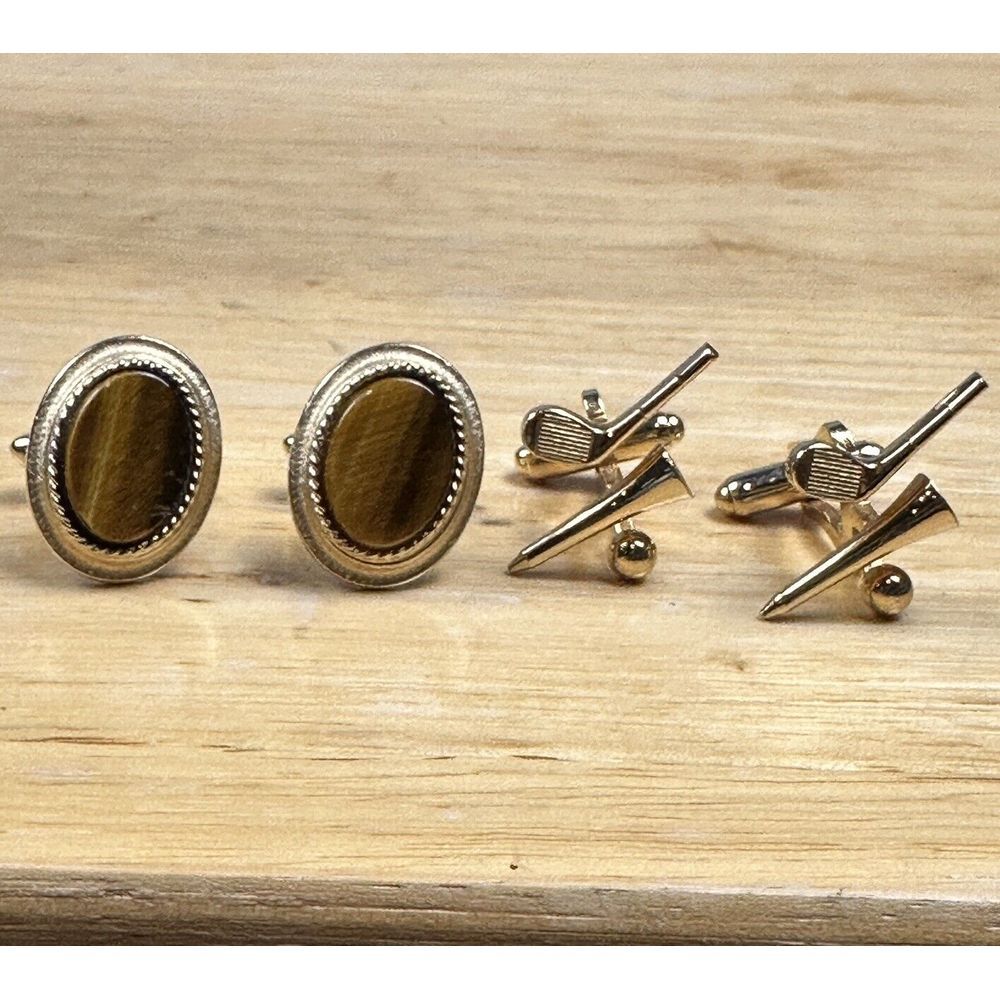 VTG Anson Pat Pend Golf Club Tee Ball Tigers Eye Stone Cufflinks Gold Plated